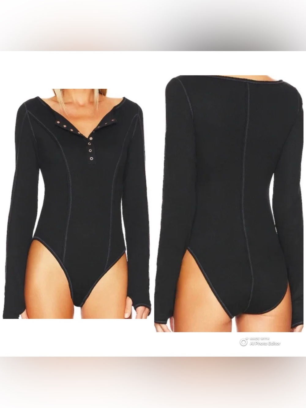 NWT Free People Intimately Sloane Long Sleeve Henley Bodysuit Black Small S